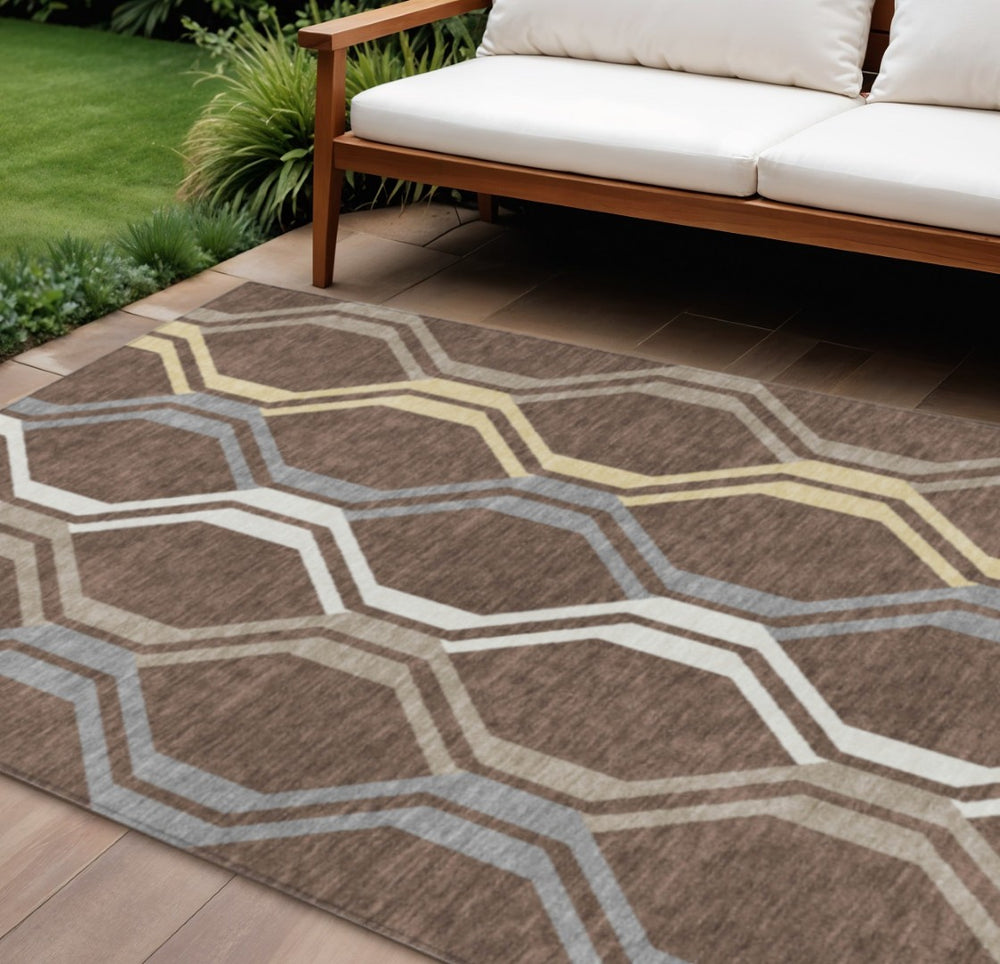 HomeRoots 8' X 10' Chocolate Gray & Ivory Geometric Area Rug - Washable, Durable, Modern Design for Indoors & Outdoors 659441