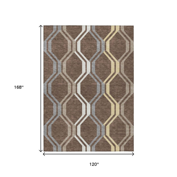 HomeRoots 10' X 14' Stylish Chocolate Gray & Ivory Geometric Rug - Washable, Durable, Indoor/Outdoor Versatility 659443