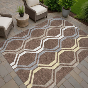 HomeRoots 10' X 14' Stylish Chocolate Gray & Ivory Geometric Rug - Washable, Durable, Indoor/Outdoor Versatility 659443