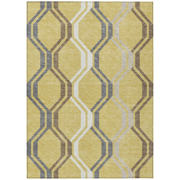 HomeRoots 5' Gold Gray and Ivory Geometric Washable Area Rug - Durable, Stylish for Indoor & Outdoor Spaces 659445