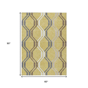 HomeRoots 5' Gold Gray and Ivory Geometric Washable Area Rug - Durable, Stylish for Indoor & Outdoor Spaces 659445