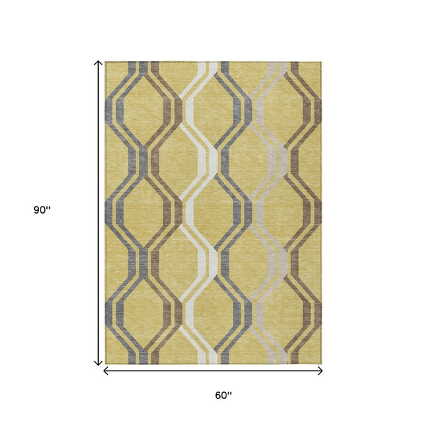HomeRoots 5' Gold Gray and Ivory Geometric Washable Area Rug - Durable, Stylish for Indoor & Outdoor Spaces 659445