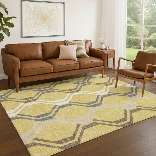 HomeRoots 5' Gold Gray and Ivory Geometric Washable Area Rug - Durable, Stylish for Indoor & Outdoor Spaces 659445