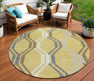 HomeRoots 8' Gold Gray Ivory Round Geometric Rug - Washable, Modern Design for Indoor & Outdoor Spaces 659446