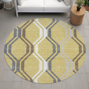 HomeRoots 8' Gold Gray Ivory Round Geometric Rug - Washable, Modern Design for Indoor & Outdoor Spaces 659446