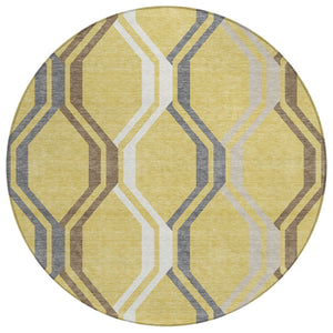 HomeRoots 8' Gold Gray Ivory Round Geometric Rug - Washable, Modern Design for Indoor & Outdoor Spaces 659446