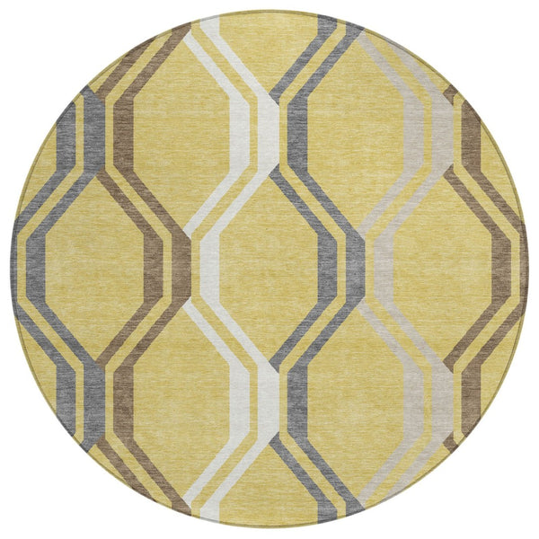 HomeRoots 8' Gold Gray Ivory Round Geometric Rug - Washable, Modern Design for Indoor & Outdoor Spaces 659446