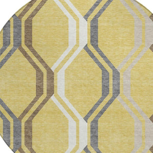 HomeRoots 8' Gold Gray Ivory Round Geometric Rug - Washable, Modern Design for Indoor & Outdoor Spaces 659446