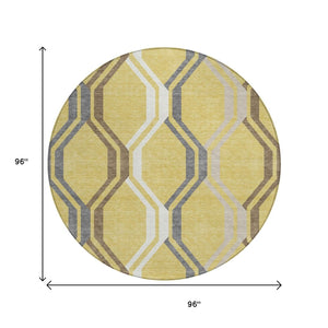 HomeRoots 8' Gold Gray Ivory Round Geometric Rug - Washable, Modern Design for Indoor & Outdoor Spaces 659446