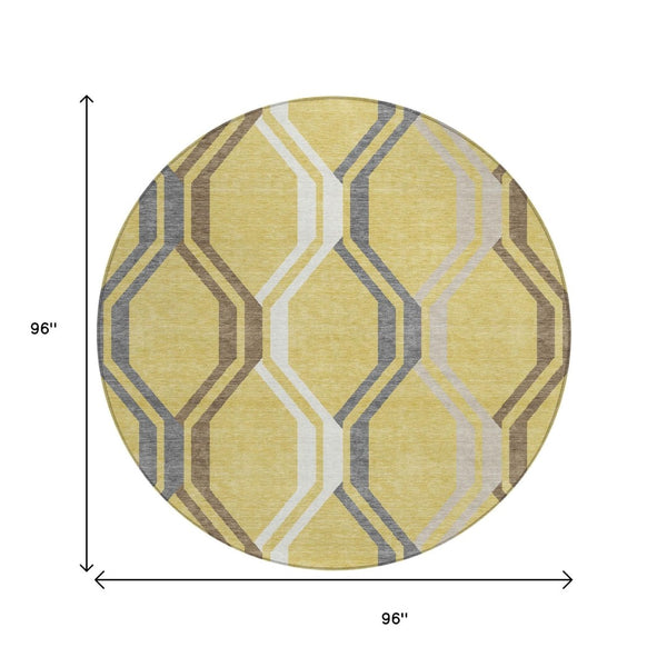 HomeRoots 8' Gold Gray Ivory Round Geometric Rug - Washable, Modern Design for Indoor & Outdoor Spaces 659446