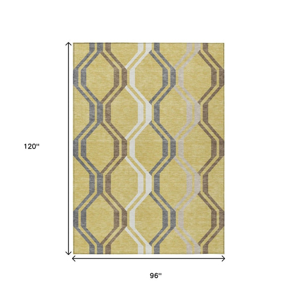 HomeRoots 8' X 10' Stylish Gold Gray Ivory Geometric Area Rug - Washable, Durable for Indoor & Outdoor Use 659447