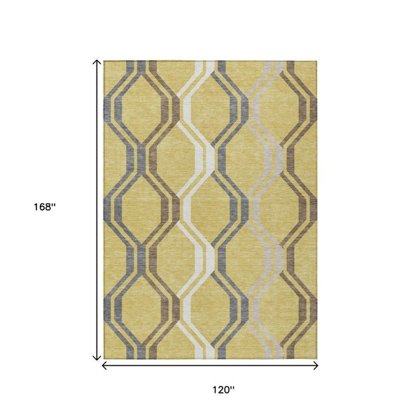 HomeRoots 10' Stylish Gold, Gray & Ivory Geometric Washable Rug for Indoor/Outdoor Use - Durable & Easy Care 659449