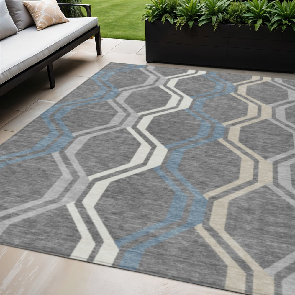 HomeRoots 5' X 8' Stylish Gray-Blue and Ivory Geometric Area Rug for Indoor/Outdoor Spaces, Machine Washable 659451
