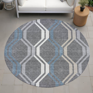 HomeRoots 8' Gray Blue And Ivory Round Geometric Area Rug – Stylish, Washable, Durable for Indoor & Outdoor Use 659452