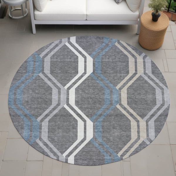 HomeRoots 8' Gray Blue And Ivory Round Geometric Area Rug – Stylish, Washable, Durable for Indoor & Outdoor Use 659452