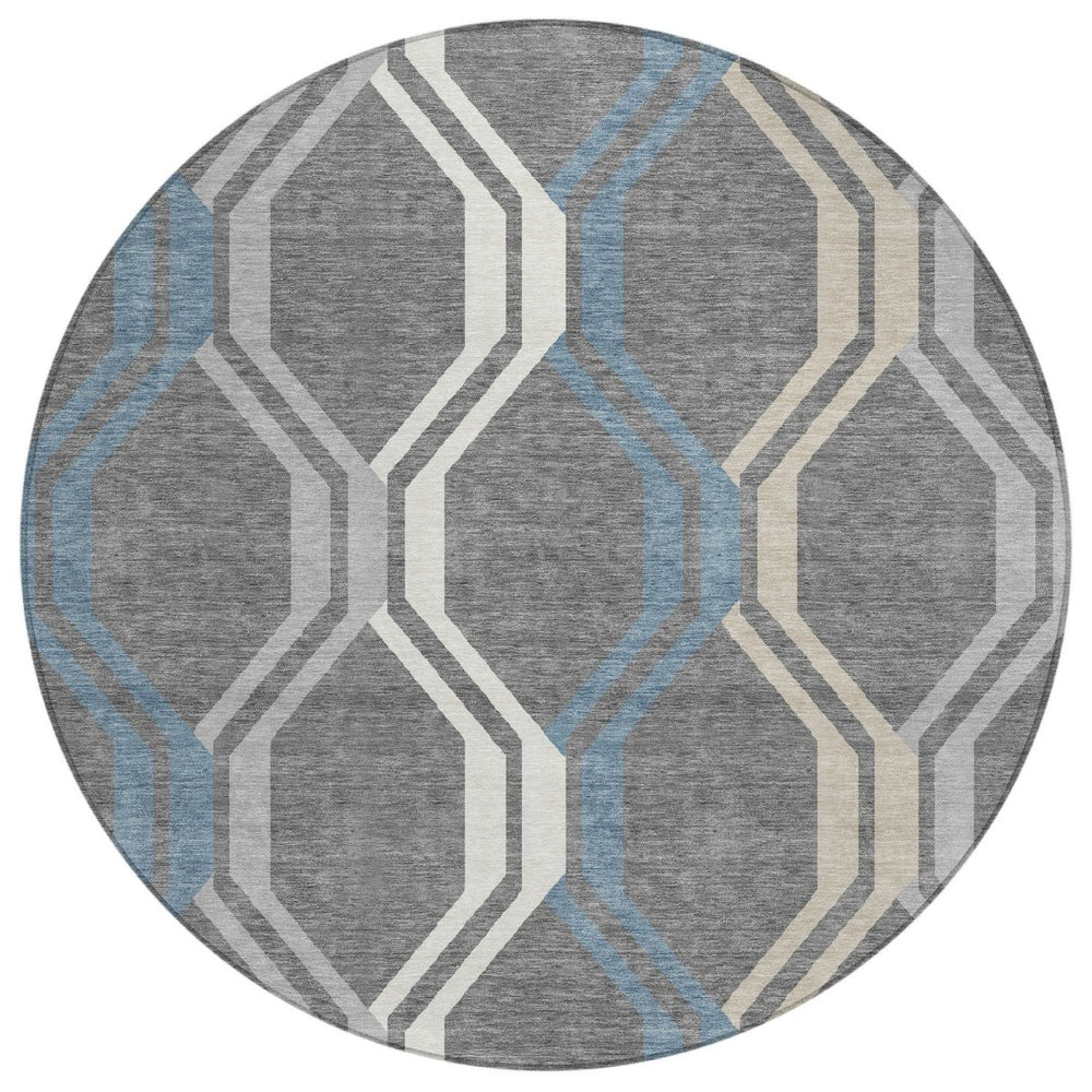 HomeRoots 8' Gray Blue And Ivory Round Geometric Area Rug – Stylish, Washable, Durable for Indoor & Outdoor Use 659452