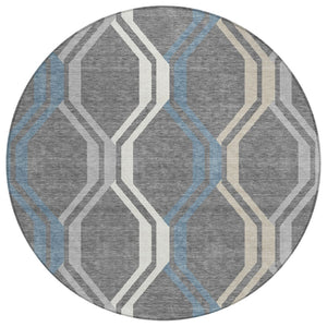 HomeRoots 8' Gray Blue And Ivory Round Geometric Area Rug – Stylish, Washable, Durable for Indoor & Outdoor Use 659452