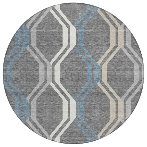 HomeRoots 8' Gray Blue And Ivory Round Geometric Area Rug – Stylish, Washable, Durable for Indoor & Outdoor Use 659452
