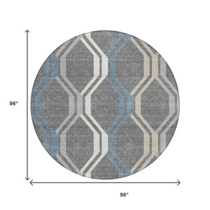HomeRoots 8' Gray Blue And Ivory Round Geometric Area Rug – Stylish, Washable, Durable for Indoor & Outdoor Use 659452