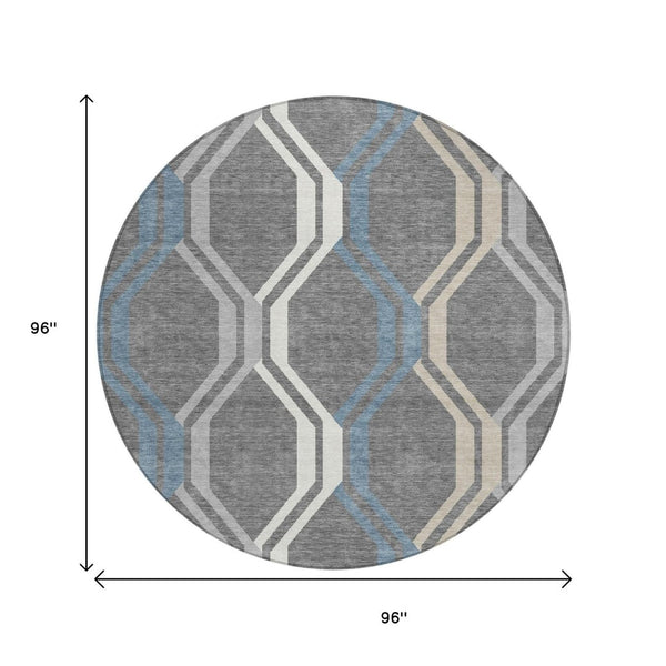 HomeRoots 8' Gray Blue And Ivory Round Geometric Area Rug – Stylish, Washable, Durable for Indoor & Outdoor Use 659452