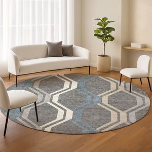 HomeRoots 8' Gray Blue And Ivory Round Geometric Area Rug – Stylish, Washable, Durable for Indoor & Outdoor Use 659452
