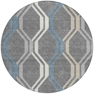 HomeRoots 8' Gray Blue And Ivory Round Geometric Area Rug – Stylish, Washable, Durable for Indoor & Outdoor Use 659452