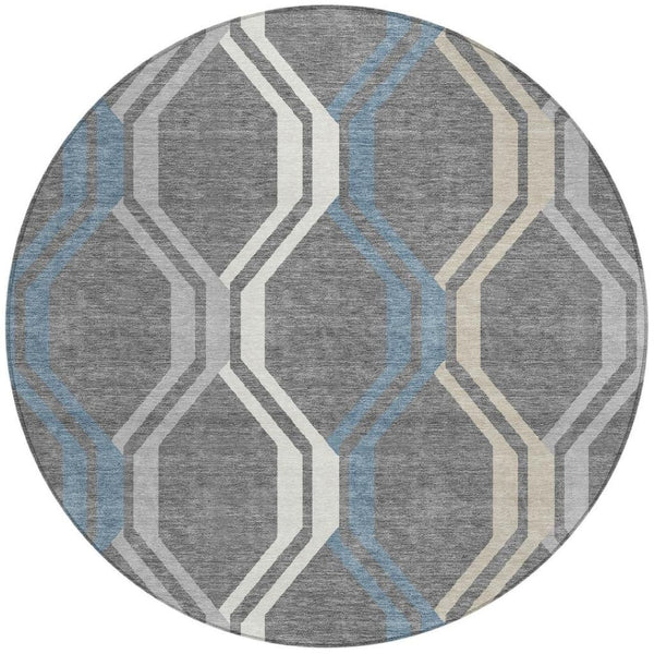 HomeRoots 8' Gray Blue And Ivory Round Geometric Area Rug – Stylish, Washable, Durable for Indoor & Outdoor Use 659452