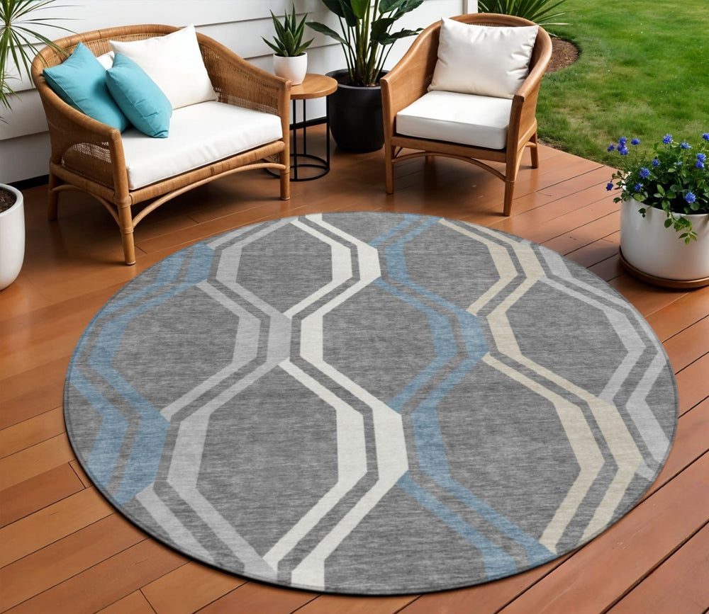 HomeRoots 8' Gray Blue And Ivory Round Geometric Area Rug – Stylish, Washable, Durable for Indoor & Outdoor Use 659452