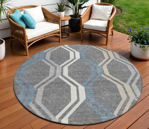 HomeRoots 8' Gray Blue And Ivory Round Geometric Area Rug – Stylish, Washable, Durable for Indoor & Outdoor Use 659452