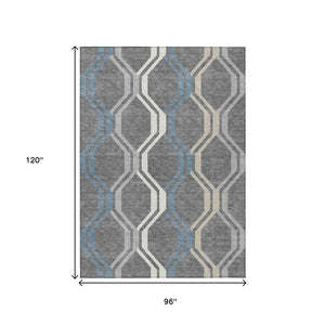 HomeRoots 8' X 10' Gray-Blue & Ivory Geometric Area Rug – Durable, Washable for Indoor/Outdoor Versatility 659453