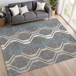 HomeRoots 8' X 10' Gray-Blue & Ivory Geometric Area Rug – Durable, Washable for Indoor/Outdoor Versatility 659453