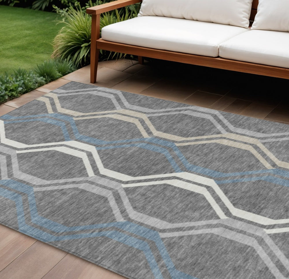 HomeRoots 10' Geometric Washable Area Rug in Gray-Blue & Ivory – Stylish, Durable, Indoor/Outdoor Use! 659455
