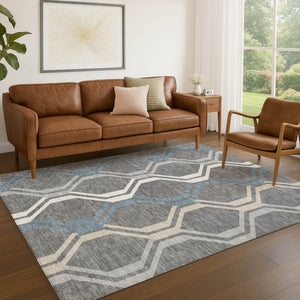 HomeRoots 10' Geometric Washable Area Rug in Gray-Blue & Ivory – Stylish, Durable, Indoor/Outdoor Use! 659455