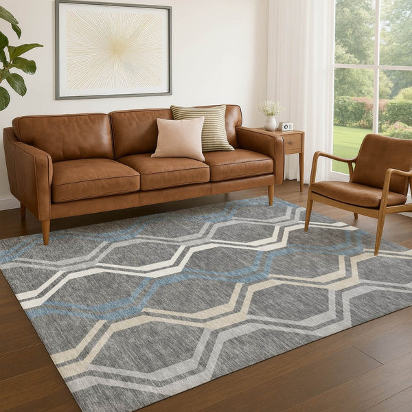 HomeRoots 10' Geometric Washable Area Rug in Gray-Blue & Ivory – Stylish, Durable, Indoor/Outdoor Use! 659455