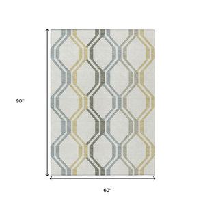 HomeRoots 5' Indoor/Outdoor Geometric Washable Area Rug in Ivory, Gray & Wheat - Modern, Durable & Stylish! 659457
