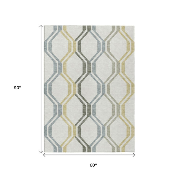 HomeRoots 5' Indoor/Outdoor Geometric Washable Area Rug in Ivory, Gray & Wheat - Modern, Durable & Stylish! 659457