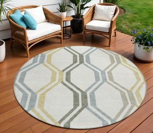 HomeRoots 8' Round Geometric Area Rug in Ivory, Gray & Wheat – Washable, Durable, Indoor/Outdoor Essential! 659458