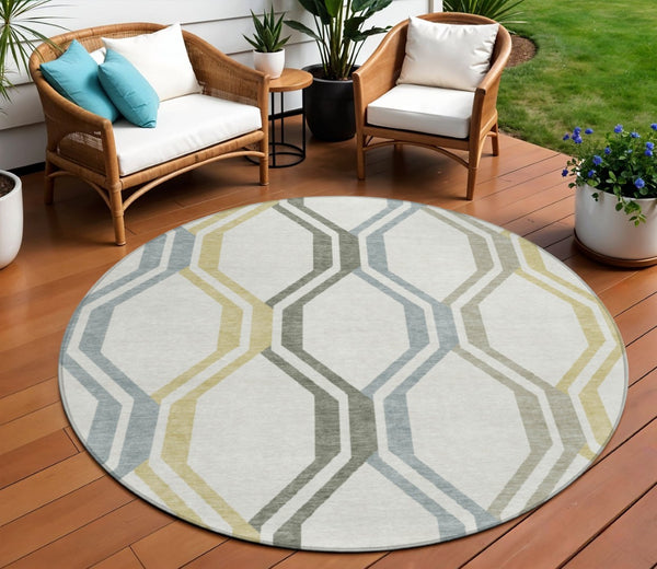 HomeRoots 8' Round Geometric Area Rug in Ivory, Gray & Wheat – Washable, Durable, Indoor/Outdoor Essential! 659458