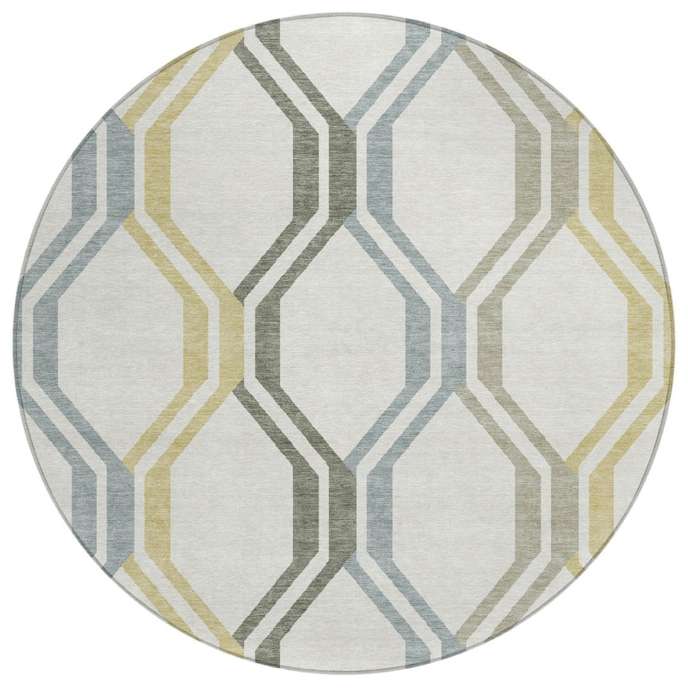 HomeRoots 8' Round Geometric Area Rug in Ivory, Gray & Wheat – Washable, Durable, Indoor/Outdoor Essential! 659458