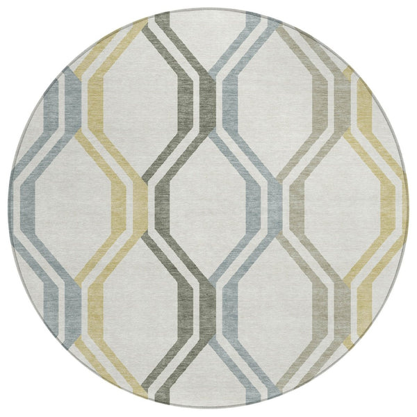 HomeRoots 8' Round Geometric Area Rug in Ivory, Gray & Wheat – Washable, Durable, Indoor/Outdoor Essential! 659458