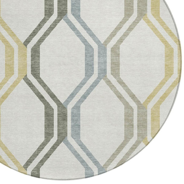 HomeRoots 8' Round Geometric Area Rug in Ivory, Gray & Wheat – Washable, Durable, Indoor/Outdoor Essential! 659458