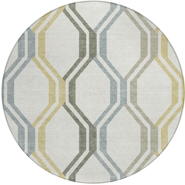 HomeRoots 8' Round Geometric Area Rug in Ivory, Gray & Wheat – Washable, Durable, Indoor/Outdoor Essential! 659458