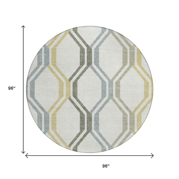 HomeRoots 8' Round Geometric Area Rug in Ivory, Gray & Wheat – Washable, Durable, Indoor/Outdoor Essential! 659458