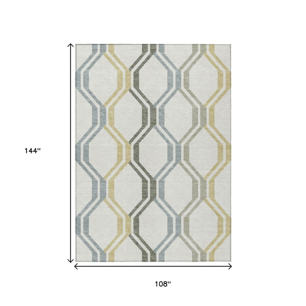 HomeRoots 9' X 12' Stylish Ivory Gray & Wheat Geometric Washable Rug - Durable, Versatile, Indoor/Outdoor Use 659460