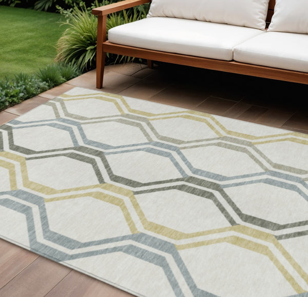 HomeRoots 9' X 12' Stylish Ivory Gray & Wheat Geometric Washable Rug - Durable, Versatile, Indoor/Outdoor Use 659460