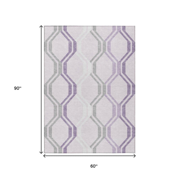 HomeRoots 5' X 8' Lavender Ivory Gray Geometric Area Rug - Washable Indoor Outdoor Decor for Modern Homes 659463