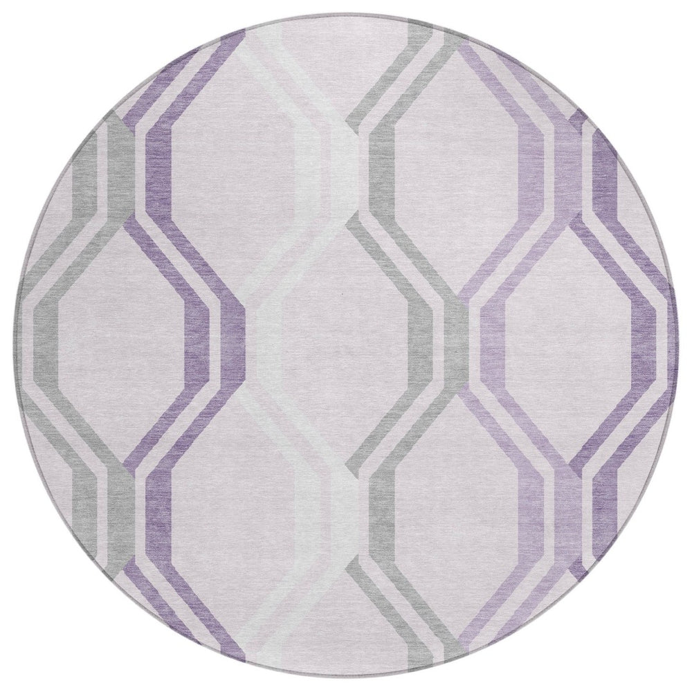 HomeRoots 8' Stylish Lavender, Ivory & Gray Round Geometric Area Rug - Washable, Durable for Indoor & Outdoor Use 659464