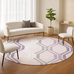 HomeRoots 8' Stylish Lavender, Ivory & Gray Round Geometric Area Rug - Washable, Durable for Indoor & Outdoor Use 659464