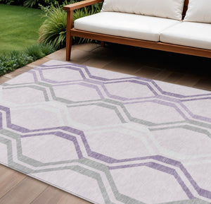 HomeRoots 10' Modern Geometric Lavender Ivory Gray Area Rug - Washable, Durable, Indoor Outdoor Use, 10x14' 659467