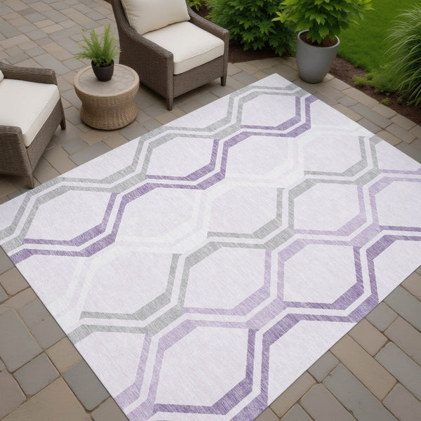 HomeRoots 10' Modern Geometric Lavender Ivory Gray Area Rug - Washable, Durable, Indoor Outdoor Use, 10x14' 659467